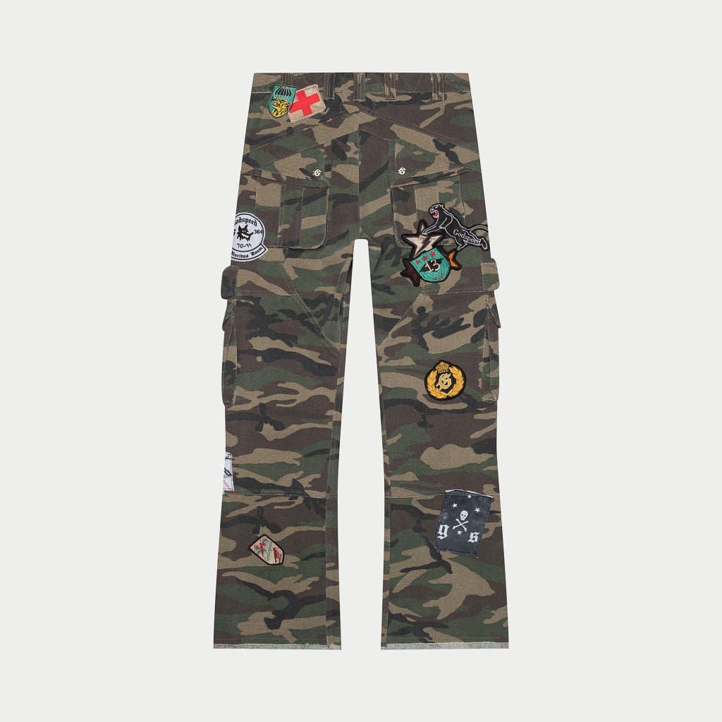 GODSPEED Patchwork Flared Cargo Pants Camo