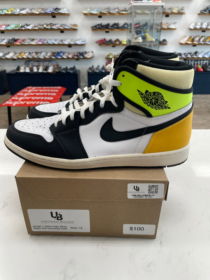 Jordan 1 Retro High White Black Volt University Gold- Worn