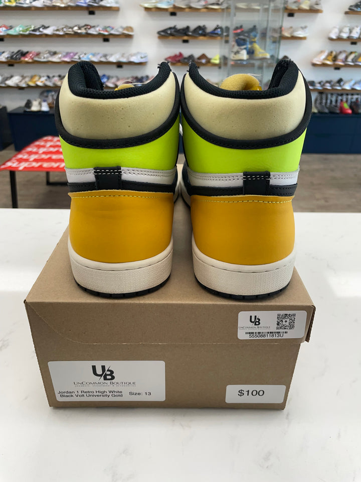 Jordan 1 Retro High White Black Volt University Gold- Worn