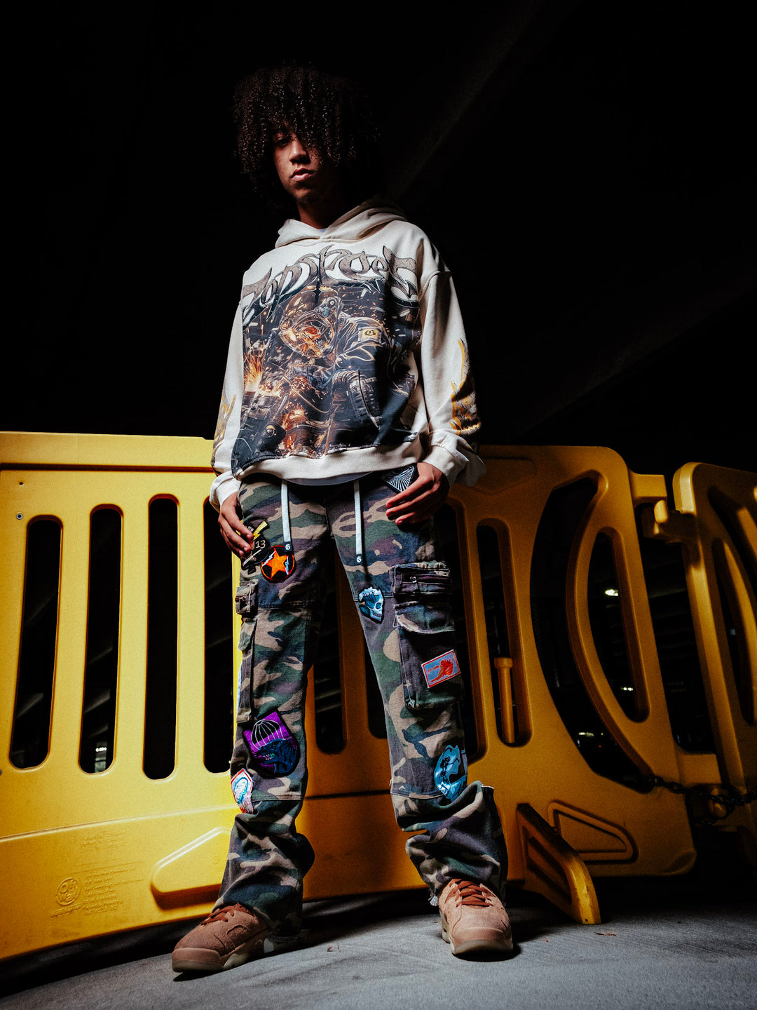 GODSPEED Patchwork Flared Cargo Pants Camo