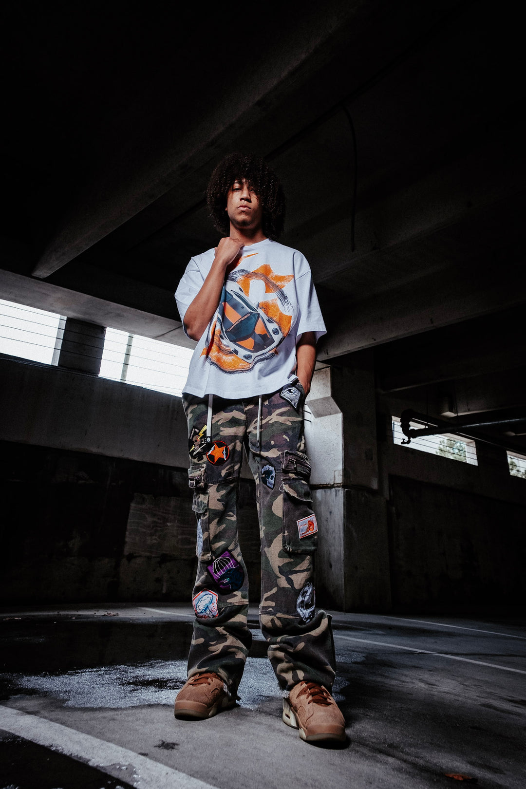 GODSPEED Patchwork Flared Cargo Pants Camo