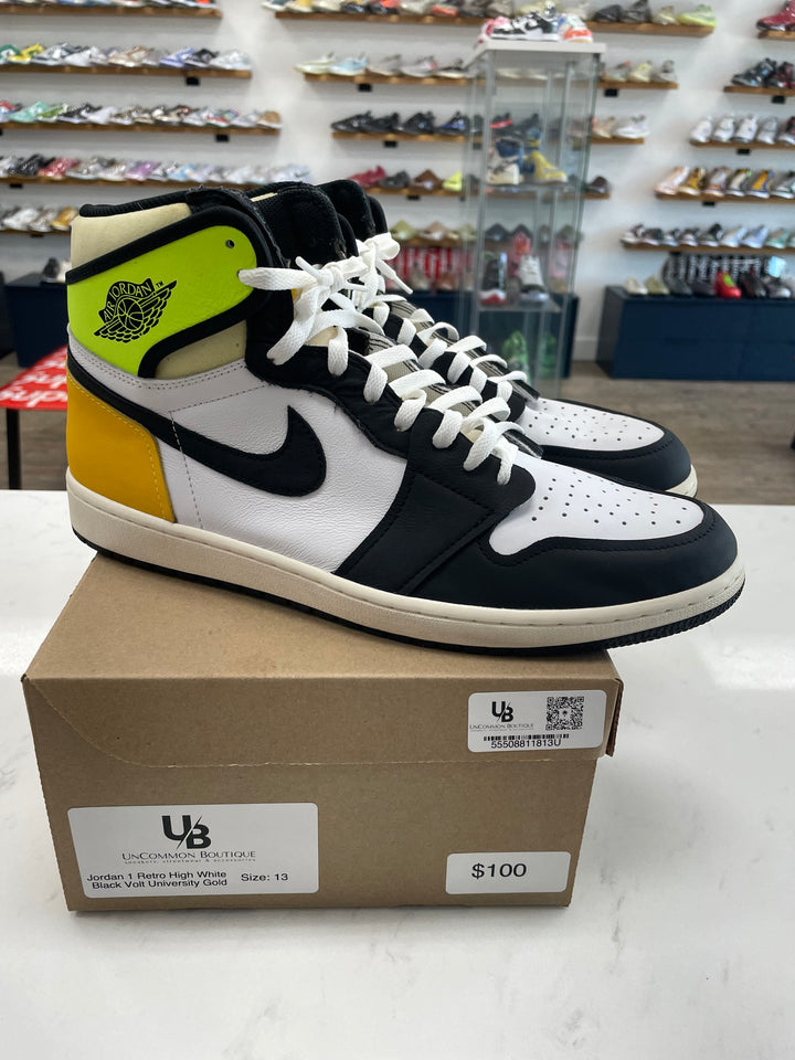 Jordan 1 Retro High White Black Volt University Gold- Worn