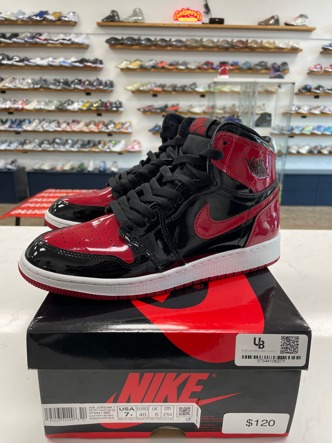 Jordan 1 Retro High OG Patent Bred (GS) - Worn